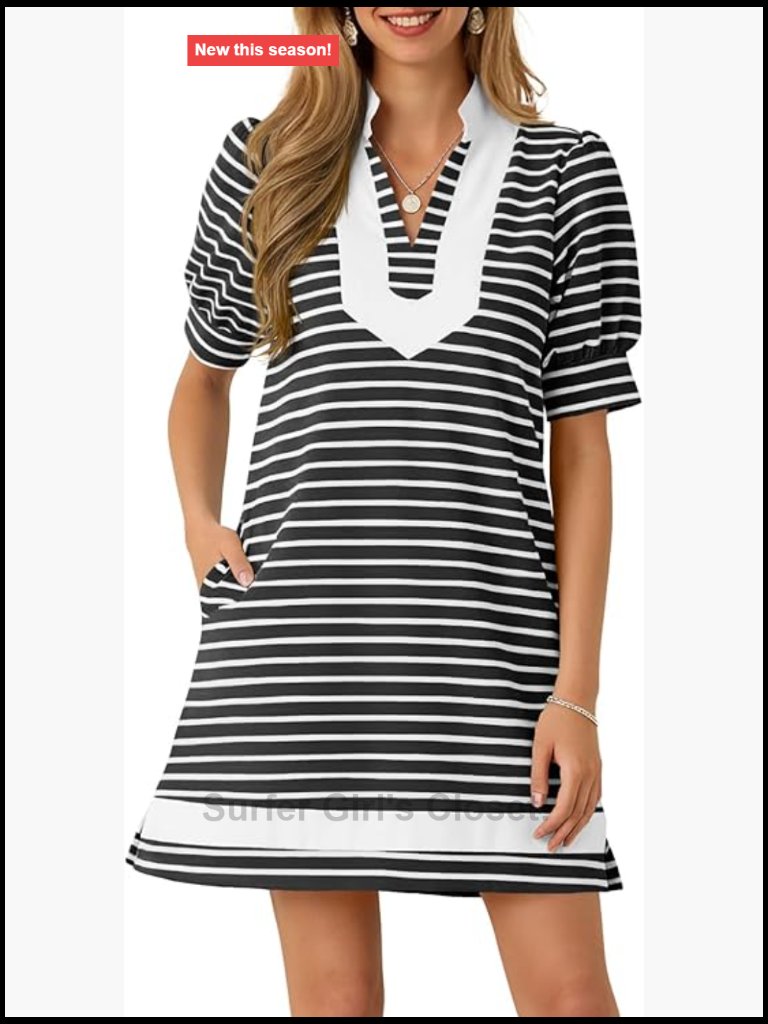 Women's Summer Mini Dress V-Neck Short Puff Sleeve Striped A-Line With Pockets